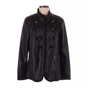 Chico’s Faux Leather Black Military Ruffle Jacket